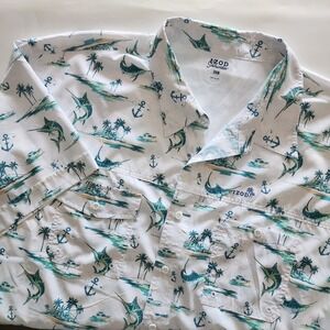 IZOD Saltwater 3XB Marlin‎ Print Fishing Camp Button Up Shirt Palm Trees